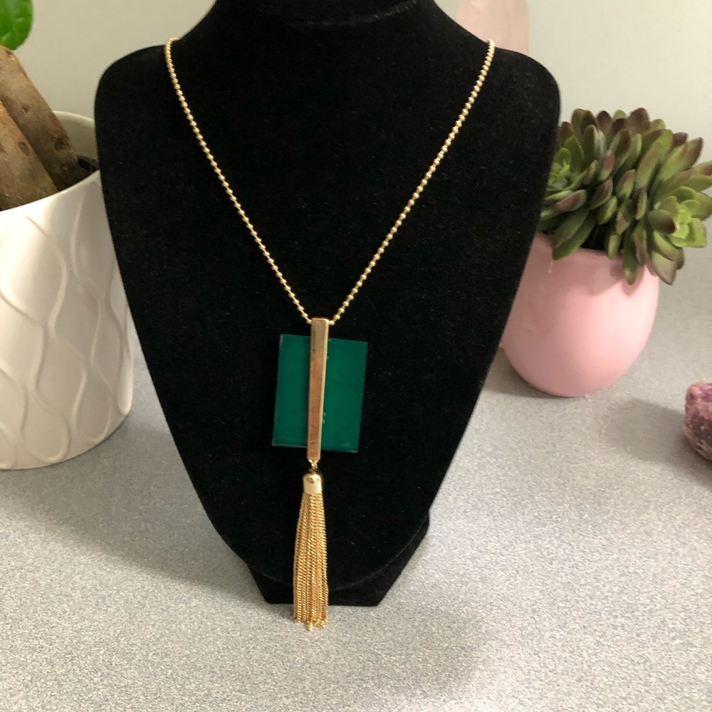 Gold and Green Tassel Necklace and Earring Set